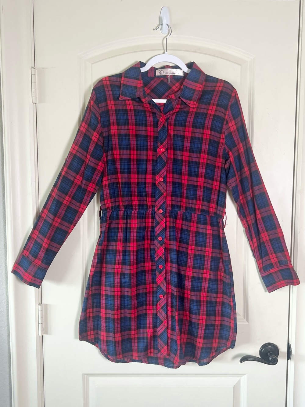 EZ Clothing Red Navy Blue Plaid Shirt Dress Medium
